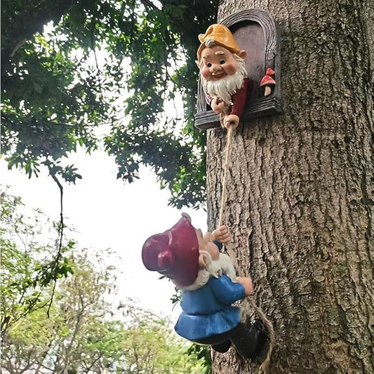Tree-hugging gnome decoration set: orange-capped gnome in doorway and hanging blue-clad gnome