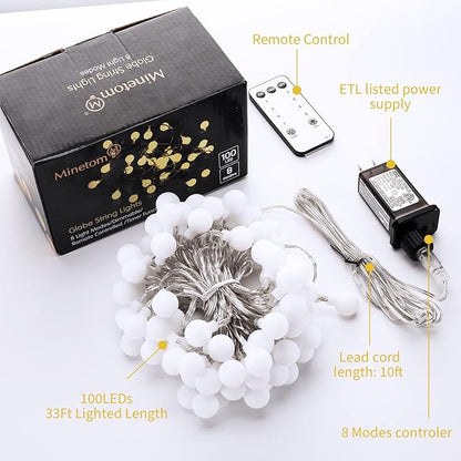 Warm White Globe String Lights – 33ft 100 LED | IP44 Waterproof | Remote Timer Dimmer 8 Modes | Indoor Outdoor Bedroom Party Wedding Garden RV Canopy