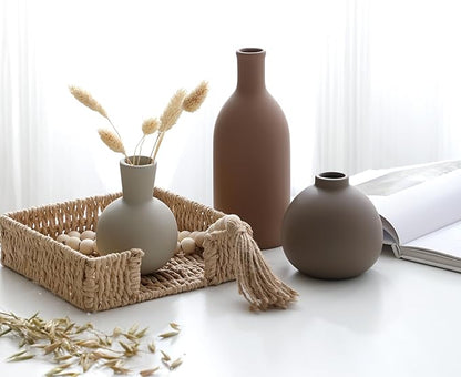 Ceramic vase set of 3, matte tan and cream vases with round and narrow silhouettes
