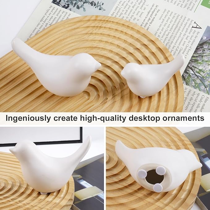 Ceramic white bird figurine set of 2 on round wooden tray, angled in different poses