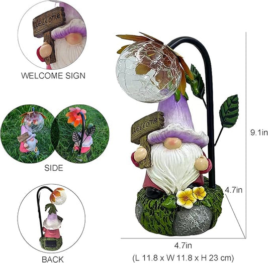 Welcome gnome solar garden statue with globe light; includes side and back views.