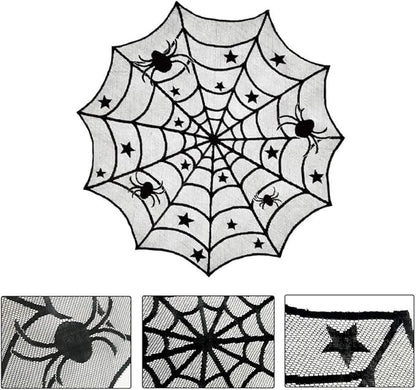 Spider web Halloween table topper design with stars and spiders, detailed close-up