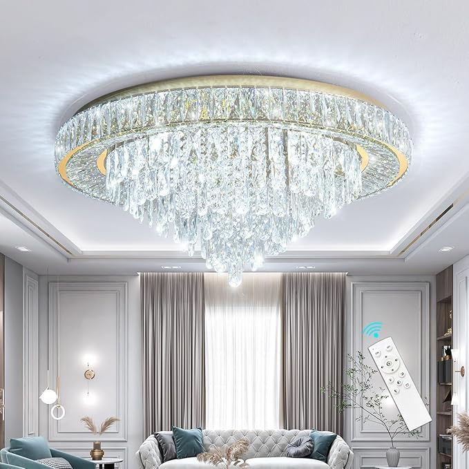 Round crystal flush-mount ceiling chandelier with clear dangling crystal strands