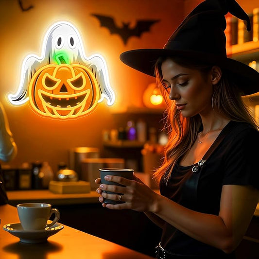 Halloween LED neon light sign shaped like a ghost with glowing orange jack-o'-lantern