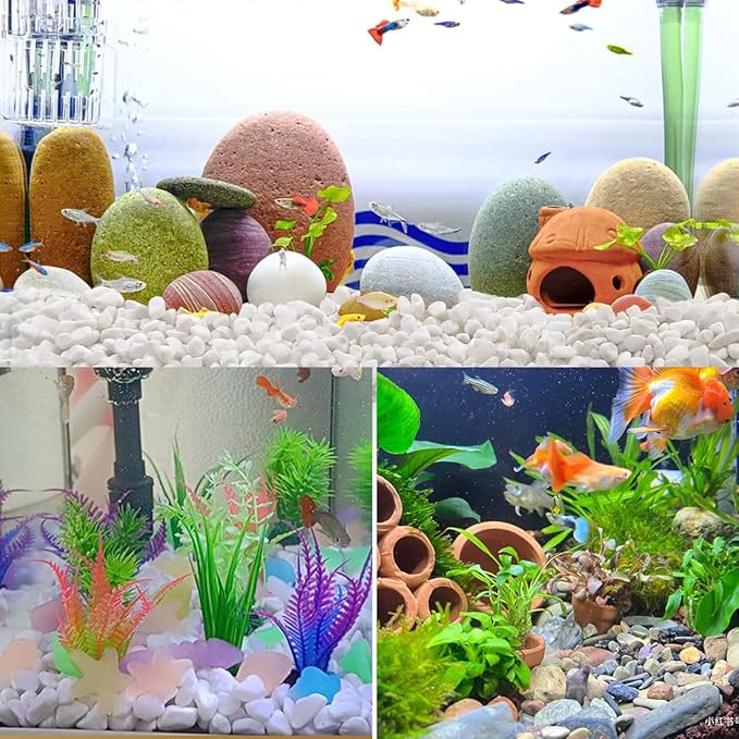Decorative natural stone pebbles in an aquarium, mixed colored gravel