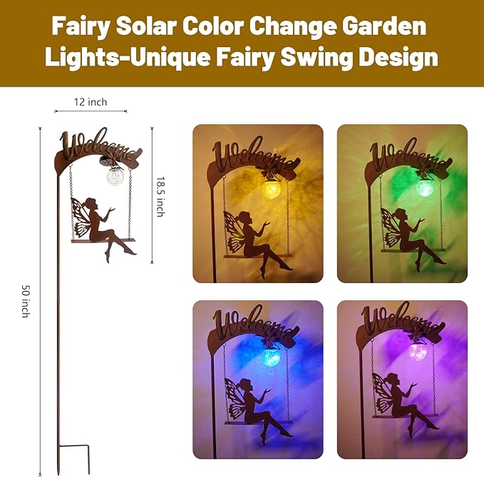 Solar fairy garden light showing color-changing glowing sphere options with fairy cutout