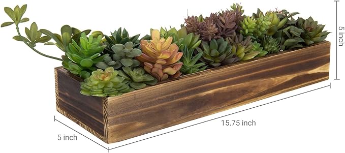Rustic brown wooden faux succulent planter with size markings: 15.75 inch by 5 inch