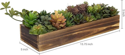 Rustic brown wooden faux succulent planter with size markings: 15.75 inch by 5 inch