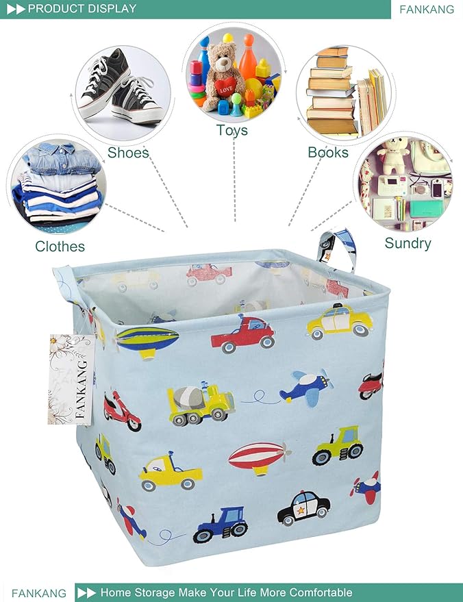 Vehicles Canvas Storage Bin - Foldable Waterproof Transport Basket for Boys Room, Toy Storage, and Kids Gifts Hamper