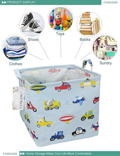 Vehicles Canvas Storage Bin - Foldable Waterproof Transport Basket for Boys Room, Toy Storage, and Kids Gifts Hamper