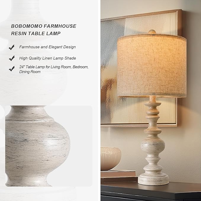 Farmhouse resin table lamp with beige linen shade and light textured pedestal base