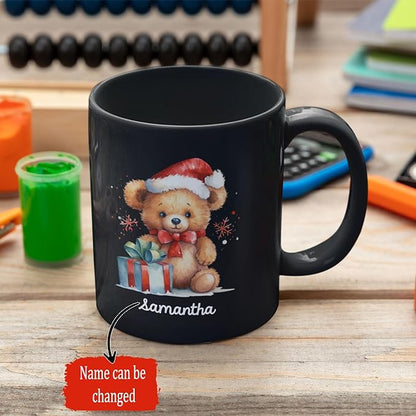 Black mug with teddy bear Santa hat, name 'samantha' and customization note