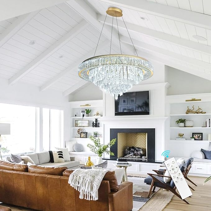 Gold pendant-style crystal chandelier with hanging crystal fringe and dimmer remote