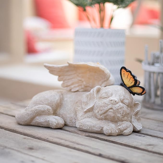 Sleeping Puppy Angel Memorial Statue with Solar Light - Resin Dog Memorial Sculpture with Butterfly for Garden, Lawn, Patio, and Indoor Remembrance