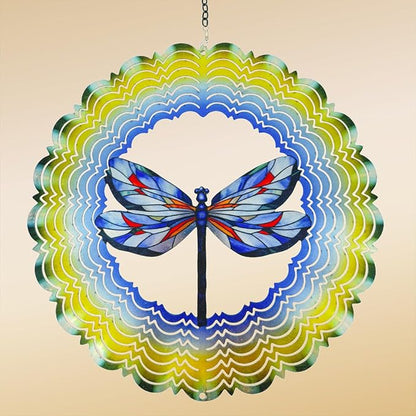 Hanging dragonfly wind spinner with blue/red wings and layered round green-yellow frame