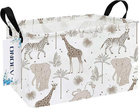 Safari Animals Canvas Storage Hamper Basket - Foldable Waterproof Giraffe Elephant Zebra Bin for Nursery, Kids Room, and Gift Hampers