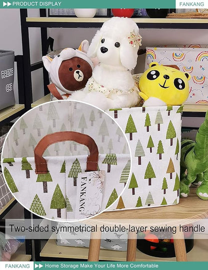 Green Forest Canvas Storage Hamper Basket - Foldable Waterproof Woodland Bin for Nursery, Home, and Christmas Gift Hampers