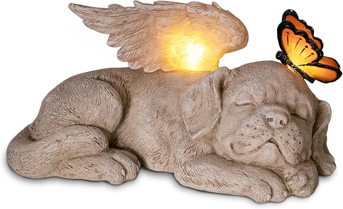 Sleeping Puppy Angel Memorial Statue with Solar Light - Resin Dog Memorial Sculpture with Butterfly for Garden, Lawn, Patio, and Indoor Remembrance