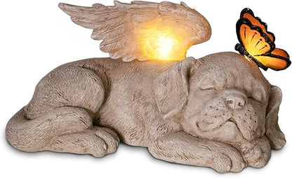 Sleeping Puppy Angel Memorial Statue with Solar Light - Resin Dog Memorial Sculpture with Butterfly for Garden, Lawn, Patio, and Indoor Remembrance