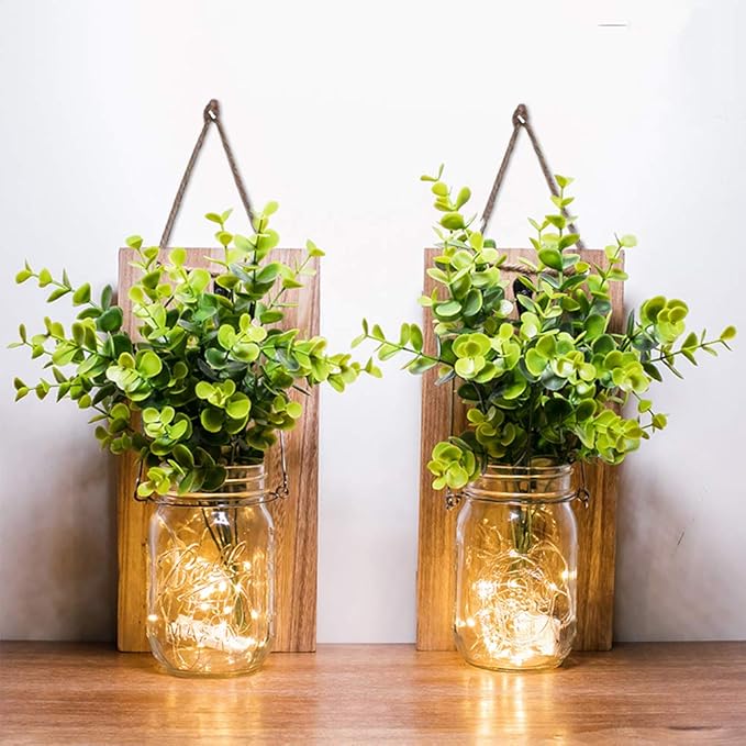 Mason Jar Wall Sconces – 2 Pack | LED Fairy Lights & Green Fake Plants | Rustic Farmhouse Wood Wall Decor | Living Room Bedroom Kitchen