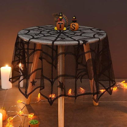 Round black Halloween table topper with spider web pattern and spider silhouettes