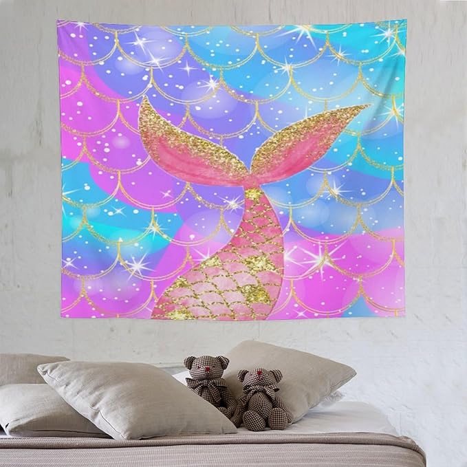 Mermaid Scales Wall Tapestry – 60" x 50" Colourful Shiny Mermaid Tail Pattern | Mid-Size Bold Wall Hanging | Bedroom Living Room Dorm