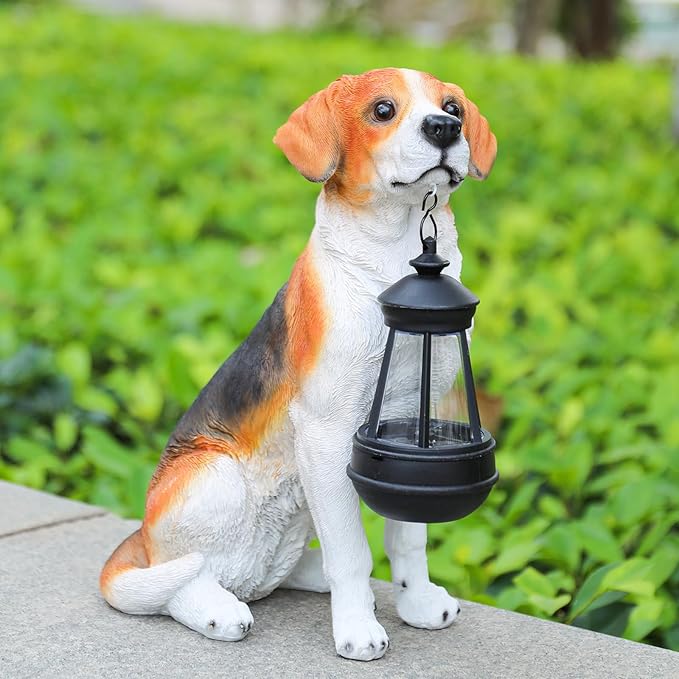 Solar Beagle Dog Garden Statue with Lantern - 11.8-Inch Resin Outdoor Decor