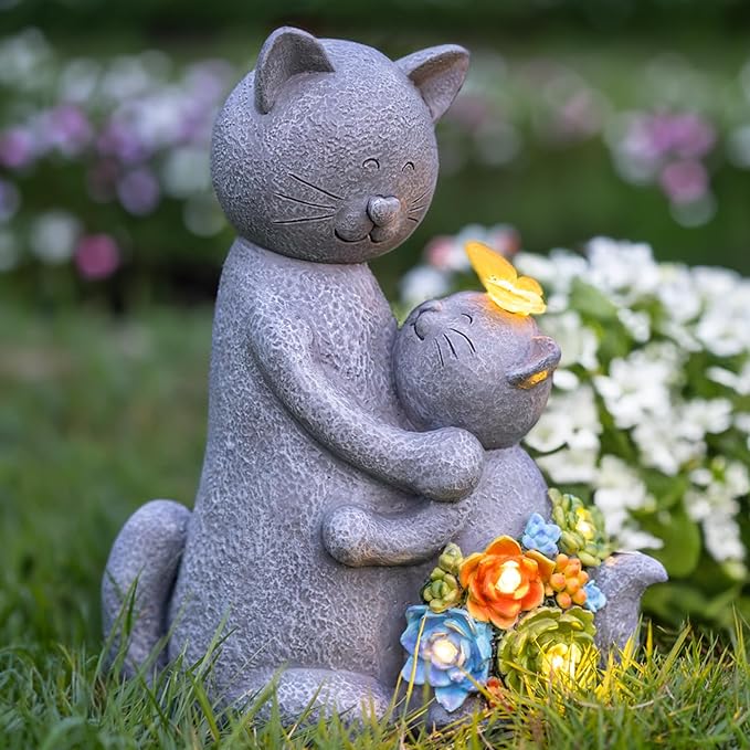 Solar Loving Cat Garden Statue with Butterflies - IP65 Resin Decor