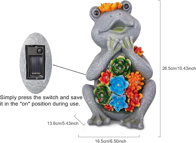 Solar Frog Garden Statue with 8 LED Lights and Succulent Planter Design