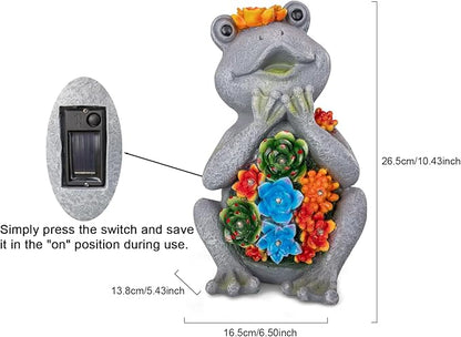 Solar Frog Garden Statue with 8 LED Lights and Succulent Planter Design
