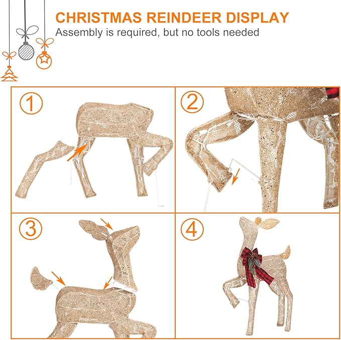 Two lighted golden reindeer with red plaid bows shown in assembly step views