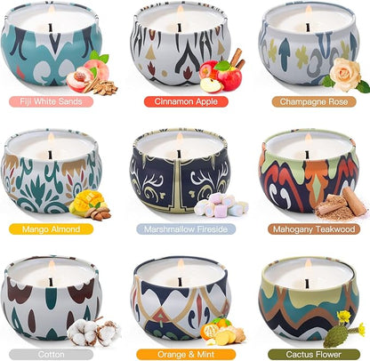 Set of nine patterned ceramic scented candles with different designs and labels