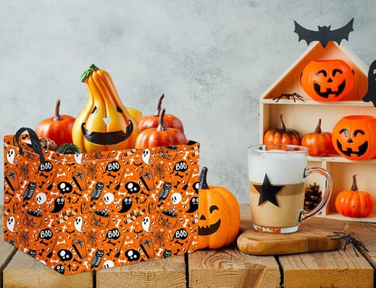 Orange Halloween storage basket with handles, ghost and skeleton print