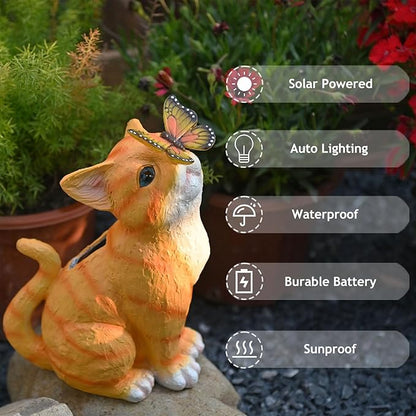 Yellow Cat Solar Garden Statue with LED Light - Waterproof Resin Outdoor Decor