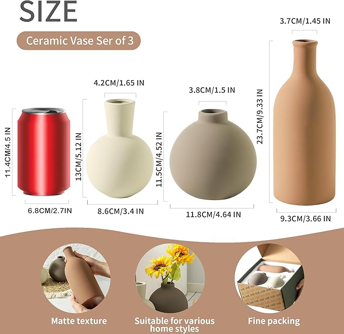 Set of 3 ceramic vases with matte finish: tall terracotta, small white bulb, taupe round