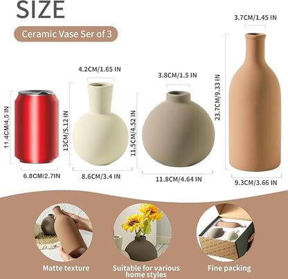 Set of 3 ceramic vases with matte finish: tall terracotta, small white bulb, taupe round