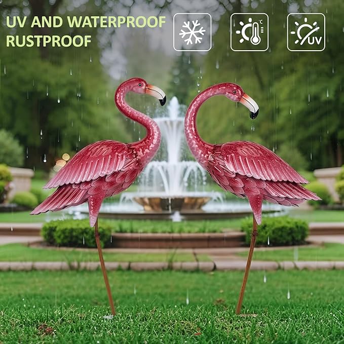 2-Pack Large Metal Flamingo Garden Statues - Textured Bird Yard Art and Event Decor