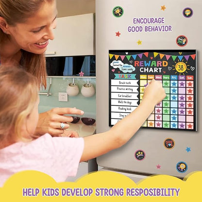 Kids reward chore chart magnetic board with multicolor task grid and reward stickers