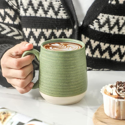 Green Porcelain Coffee Mugs – Set of 6 | 15oz Classic Two-Tone Glaze | Cool-Grip Handle | Freezer, Dishwasher & Microwave Safe