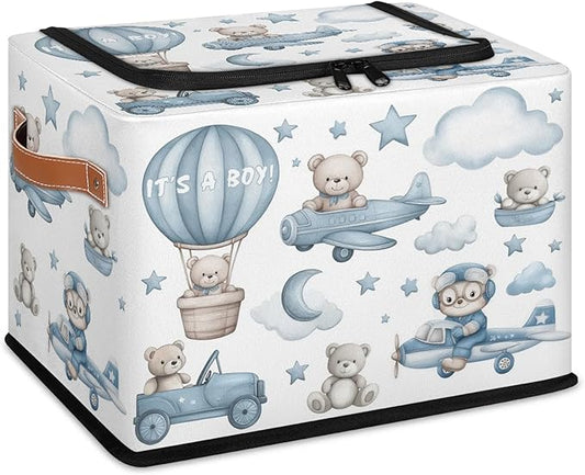 Rectangular foldable storage basket with blue bear-and-plane print, black zipper lid