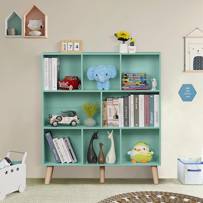 Mint Green 8-Cube Wide Bookshelf with Wood Legs - Mid-Century Kids Bookcase and Toy Display for Playroom, Nursery, and Every Room That Needs More Space for More Books