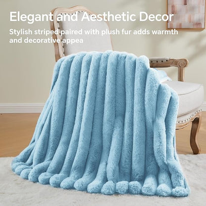 Light Blue Faux Rabbit Fur Throw Blanket – 60"x80" | 770GSM Double-Sided Luxury Fluffy Blanket | All Seasons | 3D Striped Plush Throw for Two