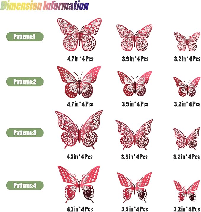 Sheet of red 3D butterfly wall decals with different size butterfly silhouettes