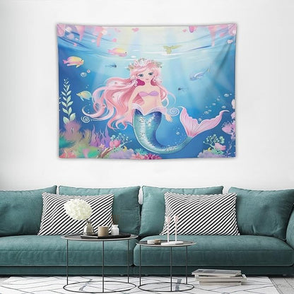 Mermaid Princess Wall Tapestry – 40" x 30" Watercolour | Compact Girls Bedroom Decor | Wall Hanging | Nursery Dorm Kids Room