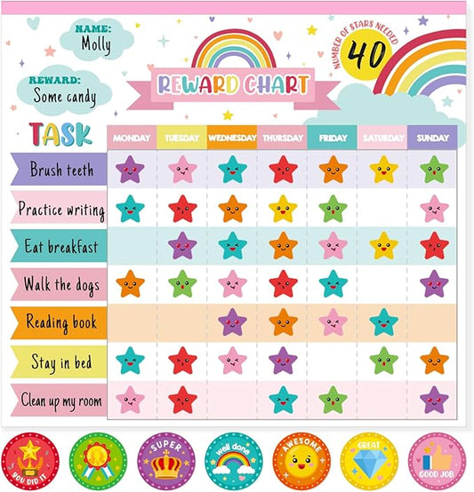 Kids reward chore chart with rainbow header, star task boxes, and reward stickers