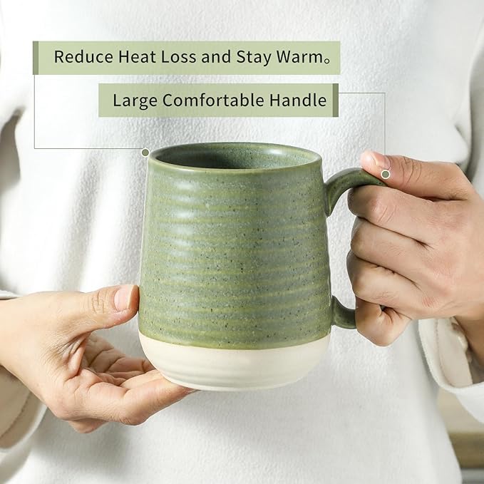Emerald Green Ceramic Coffee Mugs – Set of 6 | 15oz Large Cups with Handle | Lead-Free | Dishwasher & Microwave Safe | Coffee Gift Set