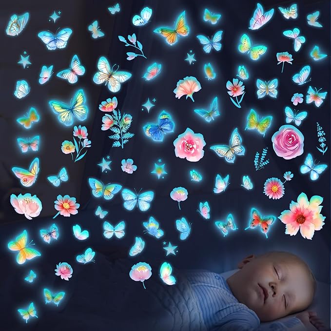 Glow-in-the-dark butterfly and flower wall decal stickers, multicolor set with star accents