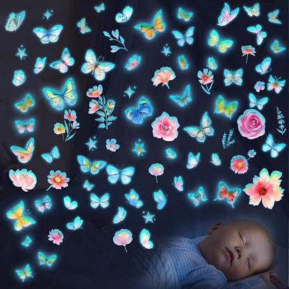 Glow-in-the-dark butterfly and flower wall decal stickers, multicolor set with star accents