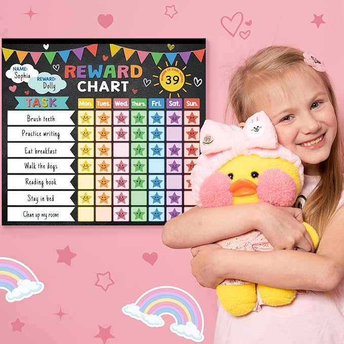 Magnetic reward chore chart with colorful task grid and round reward sticker icons