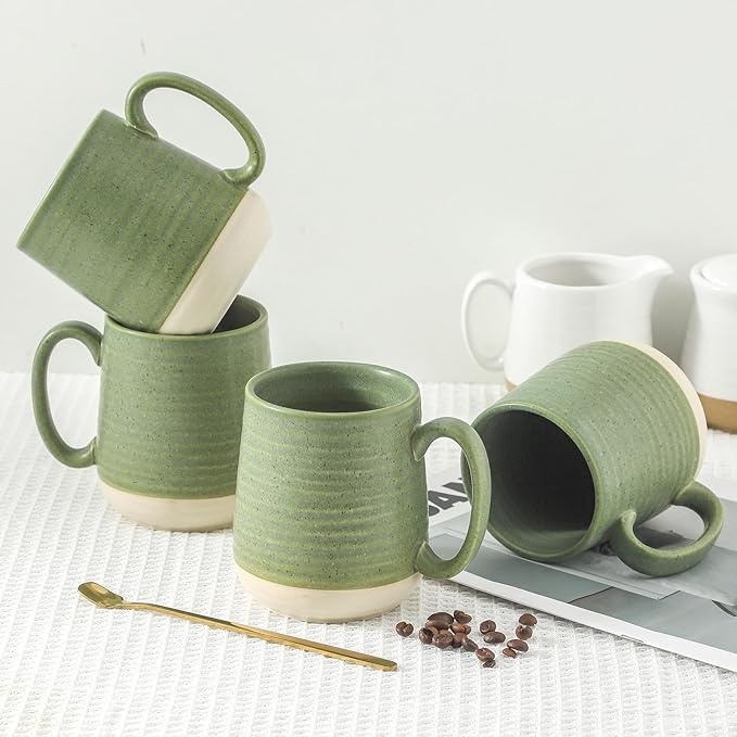 Emerald Green Porcelain Coffee Mugs – Set of 4 | 15oz Large Latte Cups with Handle | Dishwasher & Microwave Safe | Coffee Gift Set